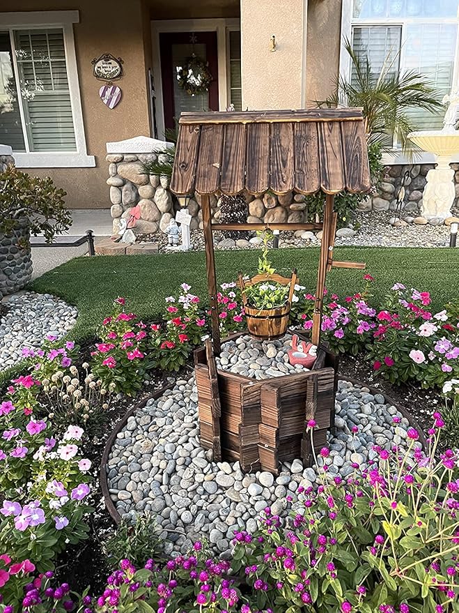 Wooden Wishing Wells for Outdoors with Hanging Bucket, Wishing Well Planters Rustic Style Patio Garden Ornamental, Brown