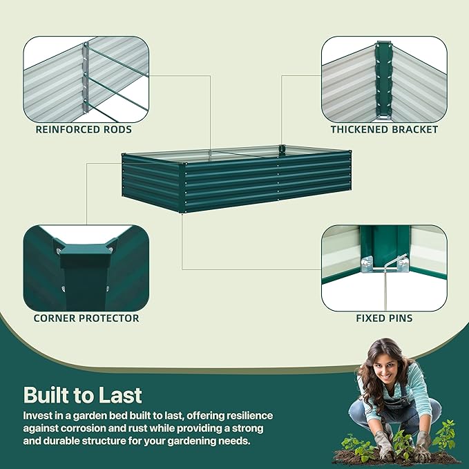 Raised Garden Bed 8×4×1.5FT, Galvanized Raised Garden Beds Outdoor for Vegetables Flowers Herbs, Steel Large Deep Root Planter Box, Tall Raised Garden Bed Kit with 3ftx30ft Weed Barrier Fabric, Green