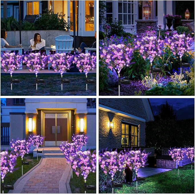 Solar Garden Lights Outdoor, 2 Pack Purple Lavender Solar Butterfly Lights Gardening Gifts for Women, Solar Artificial Flower with Butterfly Purple Garden Decor for Lawn Patio