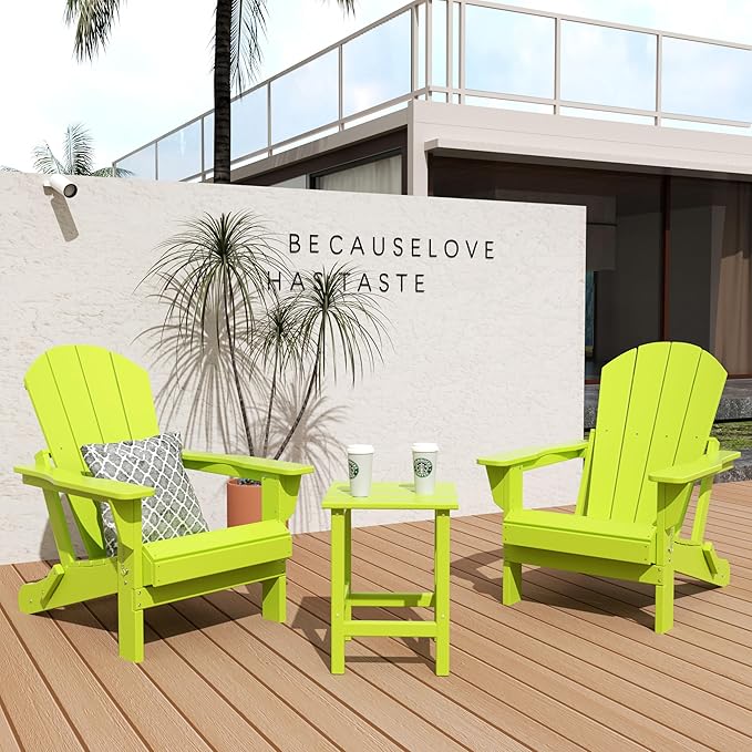 WO Home Furniture Adirondack Chair Table Set of 2 PCS Outdoor Folding Chair w Side Table Weather/UV Resistant for Lawn, Garden, Bon Fire, Balcony (Lime)