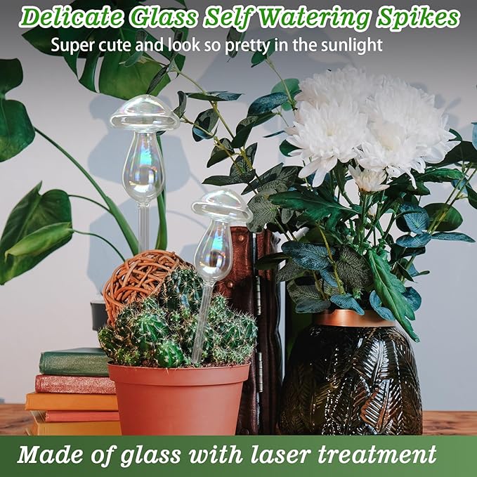 Plant Watering Globes, 4PCS Iridescent Rainbow Gradient Color Clear Glass Mushroom Self Watering Spikes Planter Insert, Automatic Plant Waterer Bulbs Devices for All Plants 9" L × 3.5" D