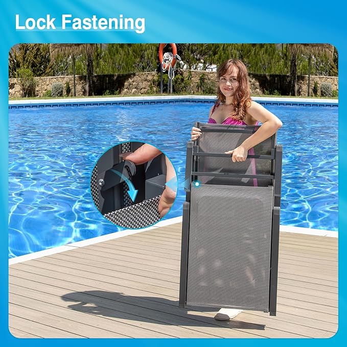 Aluminum Chaise Lounge Chair Outdoor, Foldable Patio Lounge Chair 2 Sets with Table Assemble-Free, Pool Lounge Chairs with 5 Adjustable Backrest, Outdoor Lounge Chairs for Outside Poolside Beige