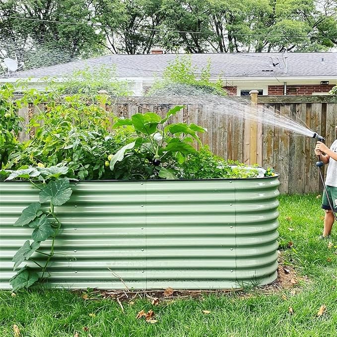 Vego garden 32" Extra Tall Raised Garden Bed Kits, 10 in 1 Modular Raised Planter Box for Vegetables Flowers Fruits Oval Metal Raised Garden Bed- Olive Green