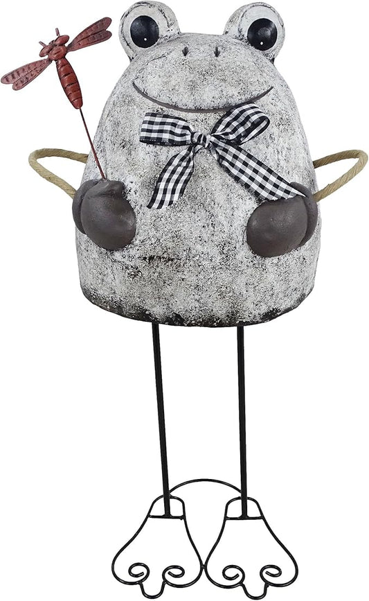 Alpine Corporation MCC862 Indoor/Outdoor Frog with Dragonfly Garden Statue, Stone Finish Frog Statue for Yard, 24" H, Silver