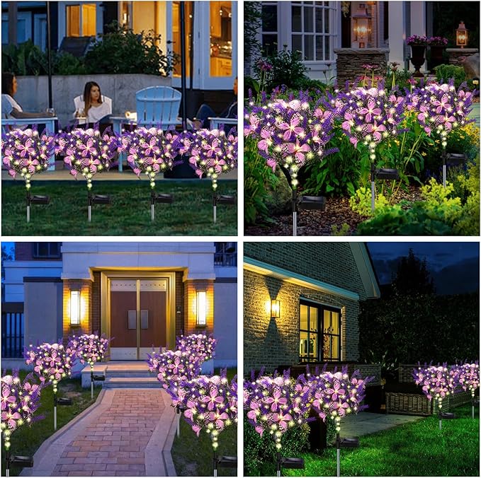 Solar Garden Lights Outdoor, 6 Pack Solar Butterfly Lights Purple Lavender Gardening Gifts for Women, Purple Solar Artificial Flower with Butterfly Purple Garden Decor for Lawn Patio-Warm White