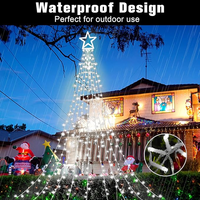 Christmas Decorations Star String Lights, 320 LED Waterfall Tree Lights with 13" Topper Star 8 Lighting Modes Indoor Outdoor Decorative for New Year, Holiday, Wedding, Party