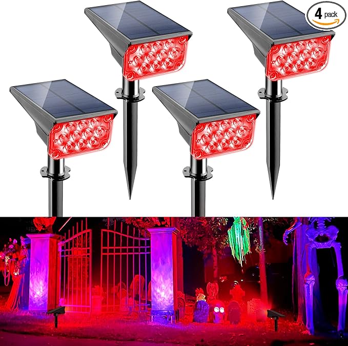 Solar Spot Lights Outdoor,20 LED Waterproof IP65 Solar Landscape Light Adjustable Panel Spotlights for Wall Tree Yard Garden Halloween Christmas Red Lights 4 Pack