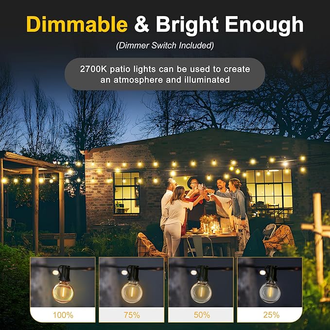 Outdoor String Lights with Dimmer, 2 Pack 35.5FT LED Patio Lights for Outside with 15+1 Shatterproof G40 Globe Bulbs UL Listed IP65 Waterproof Hanging Lighting for Backyard Balcony Bistro Party Decor