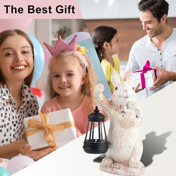 ILLUMINEW Solar Garden Statues Rabbit Lights, Outdoor Lighted Bunny Garden Decor Waterproof Figurines for Patio Porch Balcony Yard Lawn Lantern, Unique Easter Gifts for Mom Grandma Mother