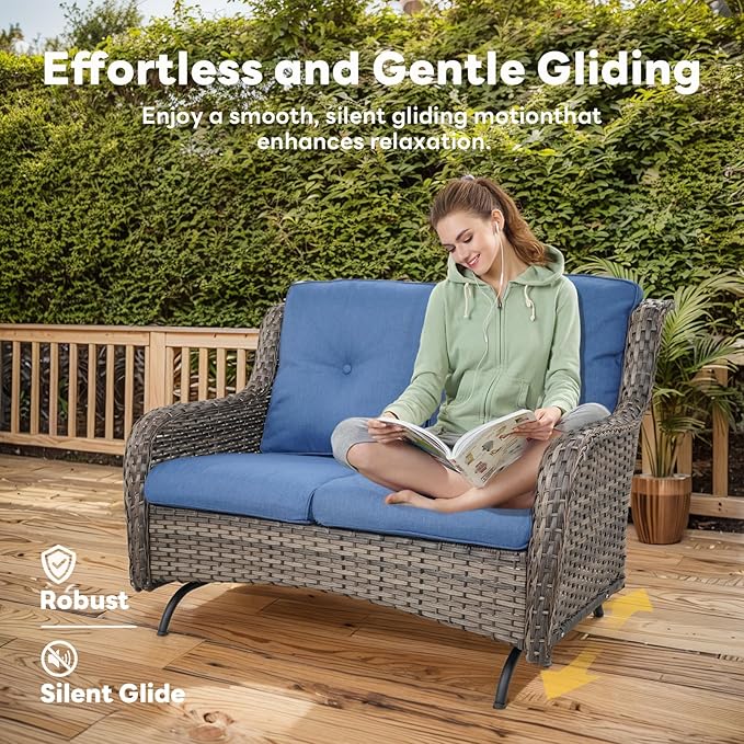 4 Piece Patio Furniture Set with Fire Pit Table - 41inch 50000 BTU Propane Fire Pit Table with High Back Loveseat Glider Chair and 2 Swivel Rocker Chair for Casual Gathering