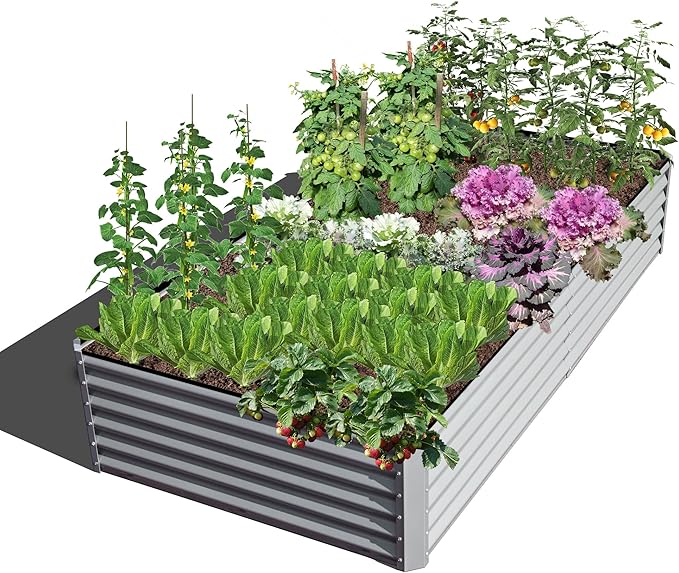 Domi Raised Garden Beds Outdoor, 8x4x1.5Ft Thickening Tall Metal Rectangular Deep Root Box Planter for Vegetables, Flowers, Herbs, and Succulents 1.5" Deep w/ 342 Gallon Capacity - Silvery