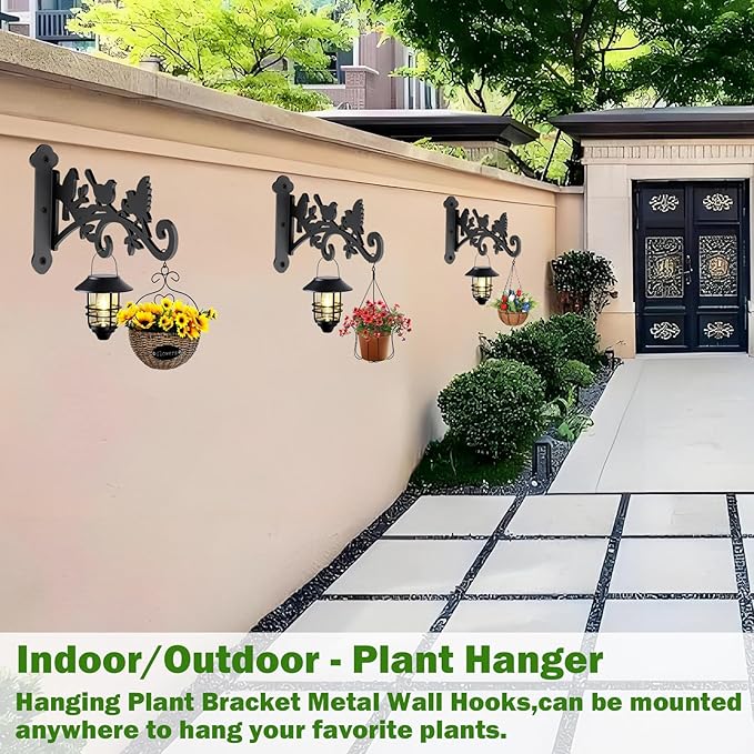 4 Pack Wall Plant Hanger,9 in Heavy Duty Hanging Plant Bracket,Metal Plant Hooks for Outdoor or Indo or Hanging Flower Baskets,Solar Lanterns,Bird Feeder