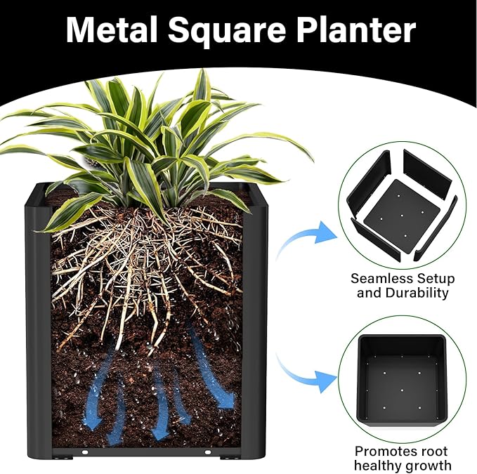 Large Metal Square Planter 24" L x 24" W x 24" H, Heavy Duty Black Large Outdoor Planters with Drainage Hole for Porch/Patio/Garden