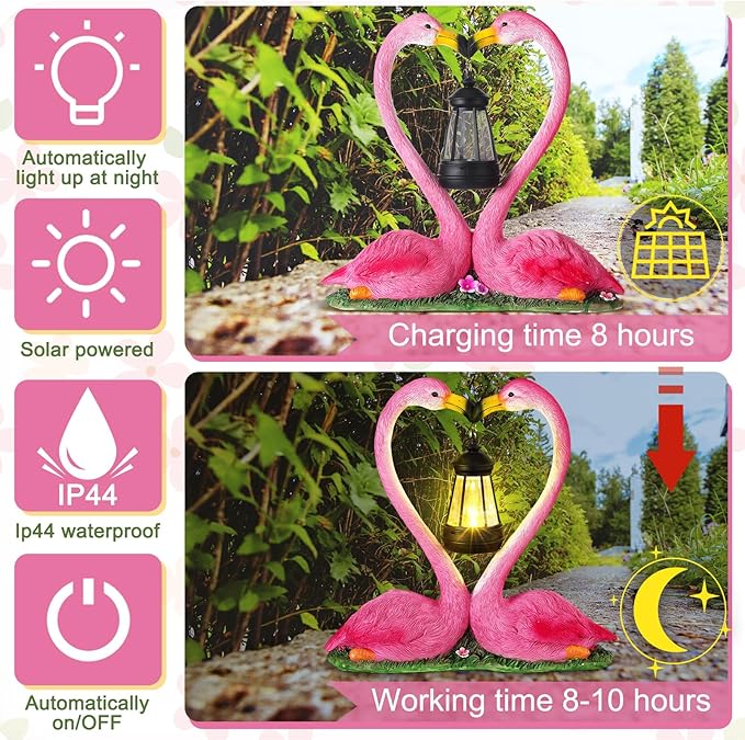 Kiss Flamingo Statue Garden Decor with Solar Lights LED Outdoor Decoration Figurines for Yard Patio, Porch, Home, Flamingo Gift for Mothers Day, Women, Mom, Grandma Anniversary Couple Wife