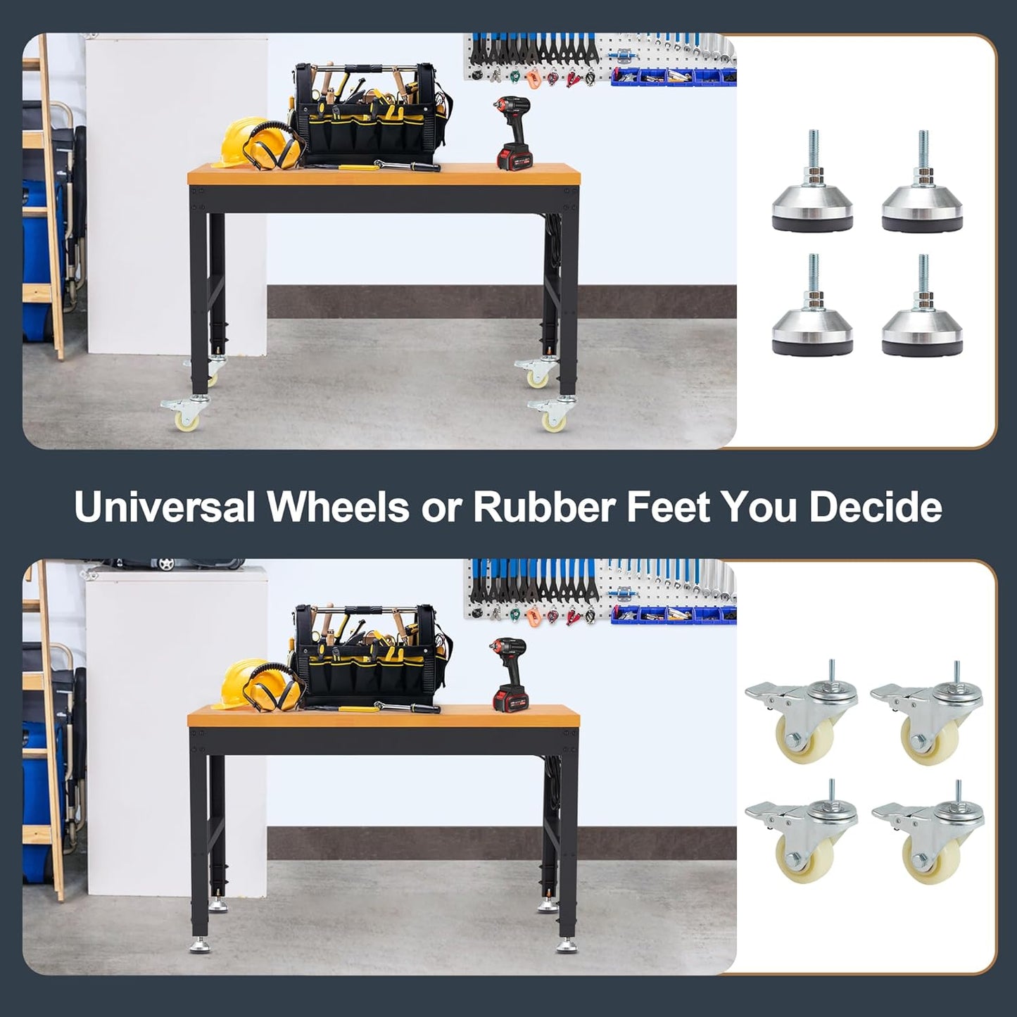 HABUTWAY Height Adjustable Workbench with Wheels 48" x 24" 2000 Lbs Capacity Solid Wood Work Station Heavy-Duty Rolling Work Tables for Garage Party Shop Office