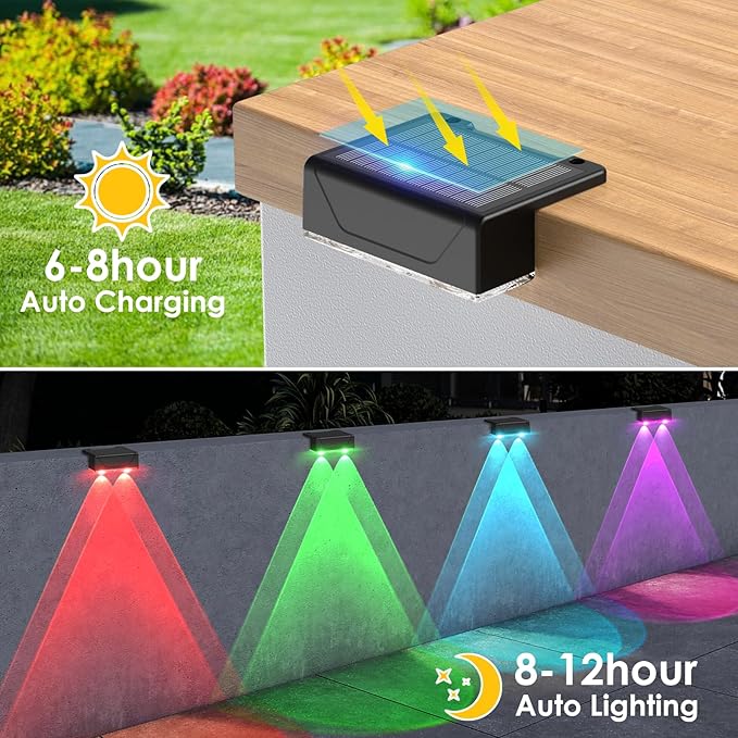 Derynome Solar Fence Lights Outdoor - Dusk to Dawn IP45 Waterproof Solar Garden Lights for Outside, Step, Backyard, Railing, Step, Patio & Wall (Color Change+7 Color, 12 Pack)