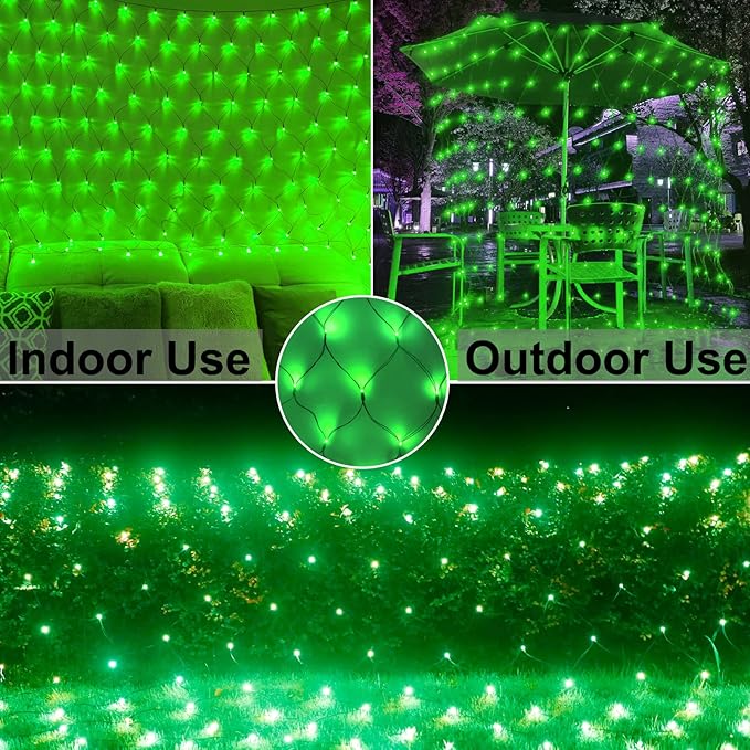 Green Net Outdoor Mesh Lights for St Patrick's Day, 14.8ft x 5ft 300 LED String Lights, 8 Modes Connectable Fairy Mesh for Christmas, Bushes, Tree, Party, Garden Decor