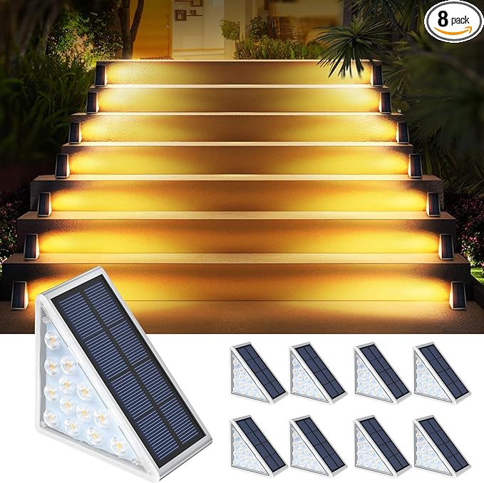 LED Solar Step Lights Waterproof Outdoor Stair Lights, Warm White Solar Deck Lights IP67 Solar Decoration Lights for Yard, Patio, Garden, Walkways, Front Door, Pathway, Driveway, Porch 2PK