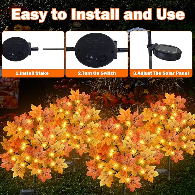 TORONTOKYO 2 Pack Fall Solar Outdoor Lights, Fall Decor 40 LED Maple Leaves Solar Stake Light with 8 Modes, Waterproof Fall Garden Lights Thanksgiving Decorations for Autumn Yard Pathway Outside