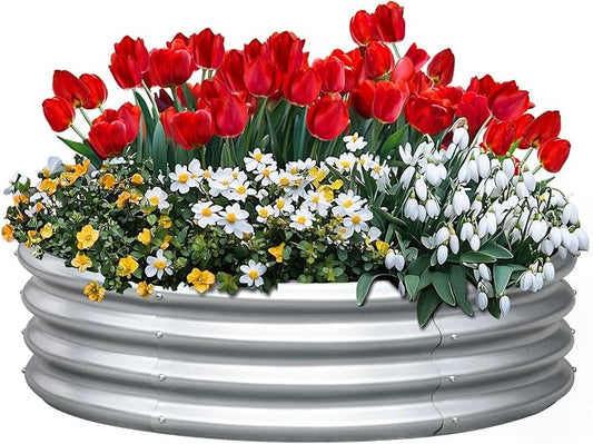 KING BIRD Raised Garden Bed Galvanized Round Planter Box Outdoor for Gardening, Plants, Vegetables, Flowers, Silver, 47x47x12 in