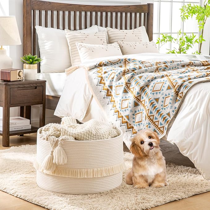 KAKAMAY Large Blanket Basket (20"x13"),Woven Baskets for storage Baby Laundry Hamper, Cotton Rope Blanket Basket for Living Room, Laundry, Nursery, Pillows, Baby Toy chest (White)