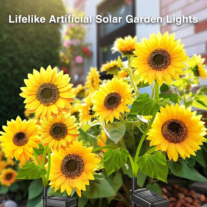 Solar Sunflower Garden Lights: 6 Pack of 18 LED Artificial Solar Flowers, IP65 Waterproof for Pathway, Walkway, Porch, Landscape, Yard Decorations
