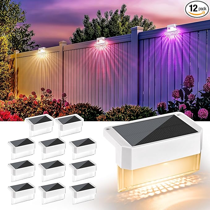 SOLPEX Solar Fence Lights Outdoor,Solar Deck Lights Waterproof Led Solar Lights for Outdoor Stairs,Step,Patio,Yard,Garden,Balcony and Porch,12 Pack Shell-Like Light Spots(White Shell,Warm White&RGB)