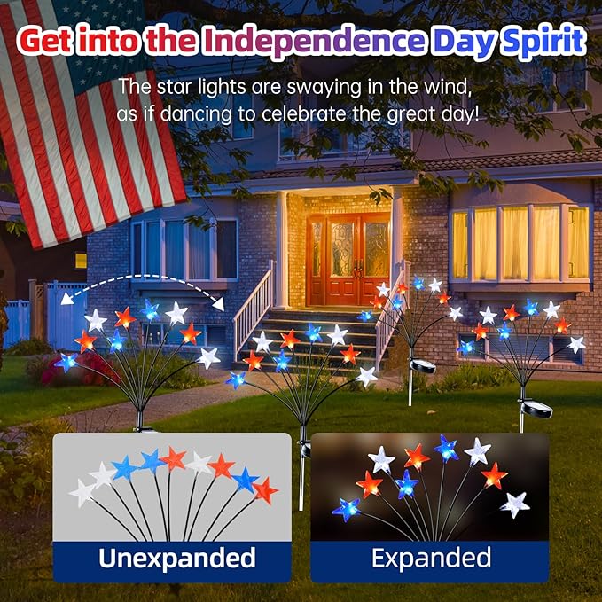 4th of July Decorations Solar Garden Lights, Fourth of July Red White and Blue Star Solar Lights Outdoor, Waterproof Patriotic Decor with 9 LED 2 Lighting Modes for Independence Day, 4 Pack
