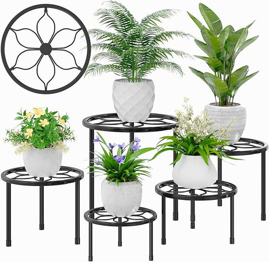 VECELO Metal Plant Stands Set of 5, Multiple Heavy Duty Flower Pot Stand, Round Plant Holder, Black