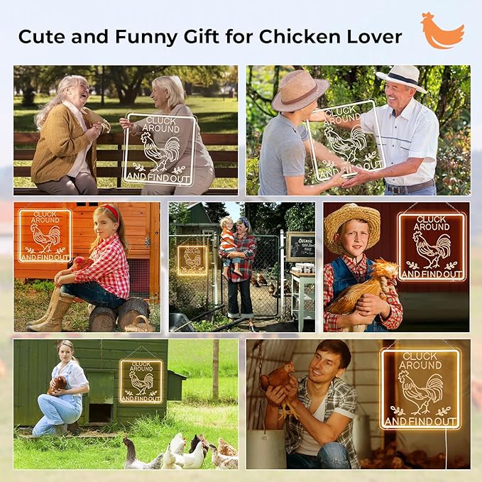 Funny Cluck Around and Find Out Large Neon Sign Dimmable, Rooster Decor 16 X 16 Inch Kitchen Decor for Farmhouse, Chicken Coop, Garden, Farm House Decoration, Rooster Gifts