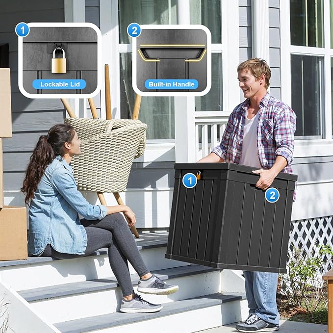 51 Gallon Resin Deck Box, Lockable Patio Outdoor Storage Box for Furniture, Garden Tools and Tools Storage, Waterproof Outside Storage Boxes - Black