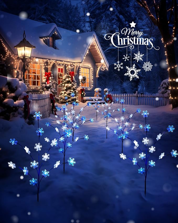 Brightown Snowflake Pathway Lights, 4 Packs Christmas Yard Lights, Small Christmas Tree with Lights, Christmas Lights Outdoor Yard Decorations, Blue and White