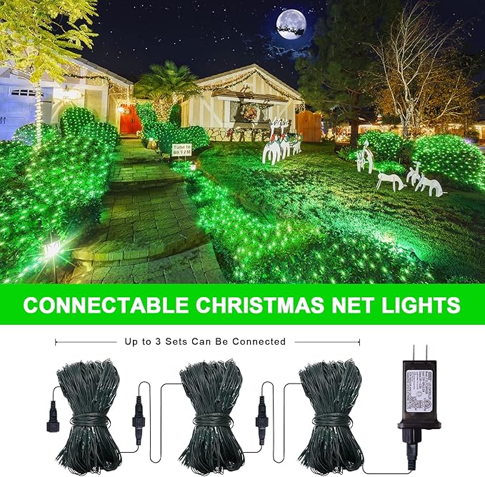 JMEXSUSS 360 LED Green Net Lights Outdoor, Connectable 12ft x 5ft Christmas Net Lights Plug in with Remote, 8 Modes Waterproof Green Christmas Lights for Bushes Christmas Halloween Decorations