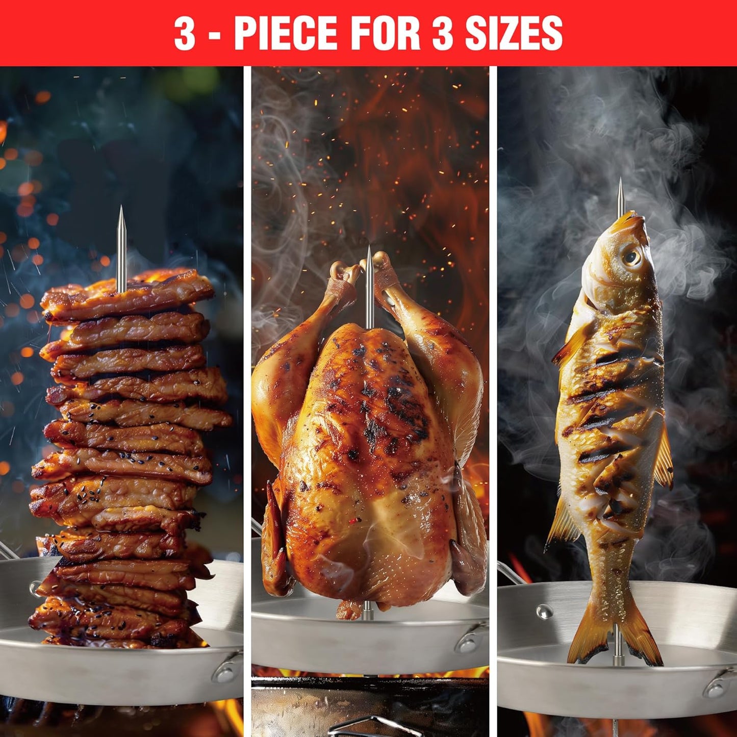 Al Pastor Skewer for Grill Stainless Steel Shawarma Skewer Stand with 3 Spikes (8"/10"/12"),Brush & Anti-scalding Fittings for BBQ Grill Oven