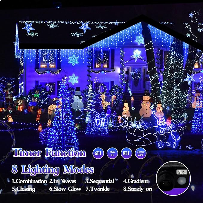 1600 LED 164FT Outdoor Christmas Lights Plug in 8 Modes with Timer Dimmable Christmas Decorations Waterproof Indoor Curtain String Lights for Roof Porch Garden Holiday Wedding Party Decor Blue