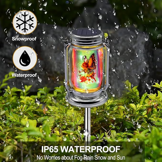 2 Pack Solar Fairy Lanterns for Garden Outdoor Decorations-Gifts for Mom Women Grandma,Outdoor Flower Fairies Silver Glass Mason Jars,Hanging Lamp with Stake for Home Yard Patio Lawn Party
