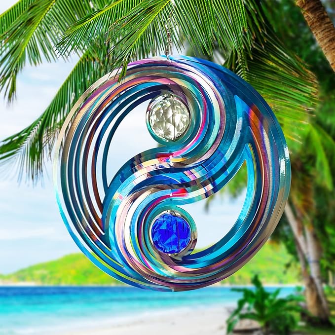 FONMY Mandala Wind Spinner w/Crystal Ball-Fengshui 3D Stainless Steel Hanging Spinners Worth Gift Christmas Decoration Indoor/Outdoor Garden Décor Kinetic Yard Art 12 Inches Wind Sculpture