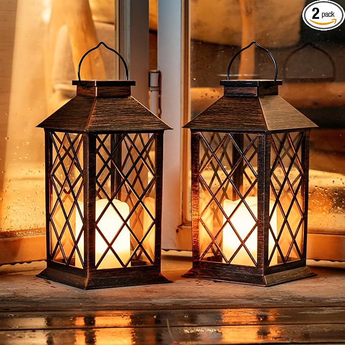 Homemory Solar Lanterns Outdoor Waterproof Hanging with Flickering Flameless Candles, 2 Pack 13'' Garden Outdoor Lantern Decorative for Patio Front Porch Backyard Balcony Cabin Outside(Antique Copper)