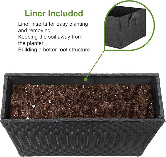 LEWIS&WAYNE Tall Planters for Outdoor Plants Handmade Wicker Large Rectangular Block Planter Box with Removable Liners Modern Planter for Indoor Outdoor Patio Deck - Black
