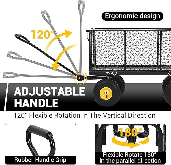 Heavy Duty Steel Garden Cart, 1100LBS Pullable Metal Garden Wagon with 10" Wheels, 180° Rotating Handle and Removable Sides for Outdoor, Farm, Yard, Beach ﻿