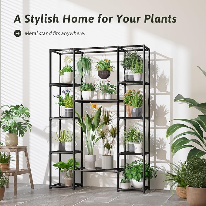 Plant Stand Outdoor Tall Plant Shelf Indoor Metal Large Hanging Plant Cabinet Waterproof Plant Rack Flower Holder for Living Room Patio Balcony Garden Black