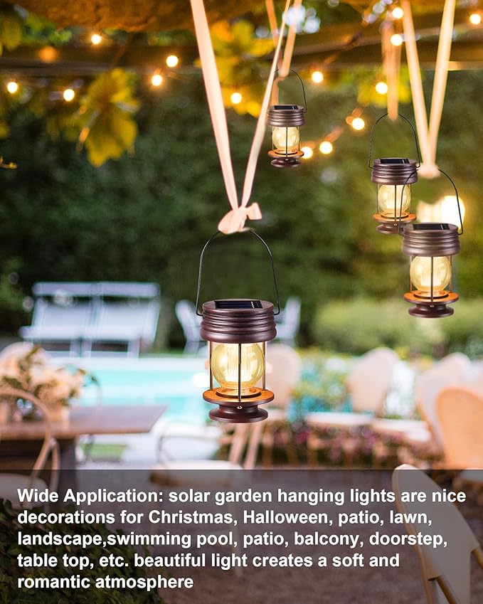 4 Pack Hanging Solar Lanterns Waterproof Lights Powered Led Decorative Landscape Light Table Lamp with Design for Patio, Garden, Yard, and Pathway Decor, Warm