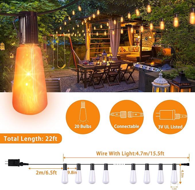Flickering Flame String Lights - 22Ft 20LED for Outside, Plug-in Garden Decor - Halloween Christmas Indoor Outdoor, Connectable Backyard Decorative Cafe Bistro Patio