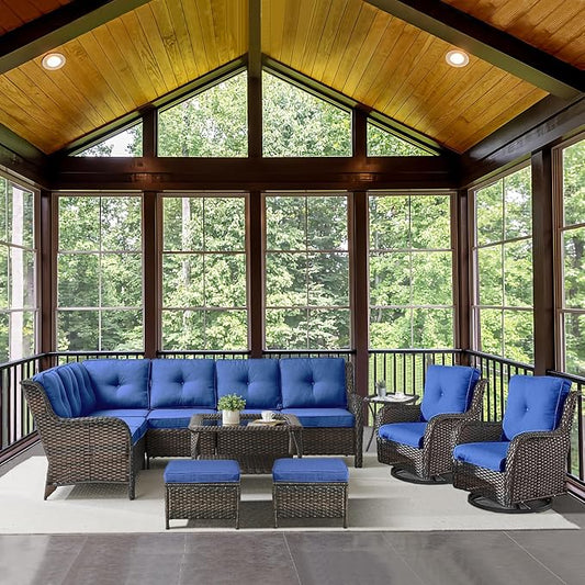 Outdoor Furniture Sectional Sofa L Shaped Couch - Patio Wicker Set with 2 Swivel Glider Chairs, 8 Piece Rattan Patio Conversation Sets with Blue Cushion for Deck Backyard Sunroom
