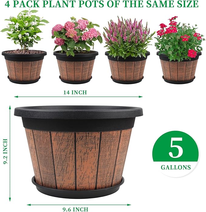 Quarut Large 4 Pack 14 inch Plant Pots,Whiskey Barrel Planters with Drainage Holes & Saucer,Plastic Decoration Flower Pots Retro Design,Planters for Outdoor Indoor Garden Balcony Plants (Brown)