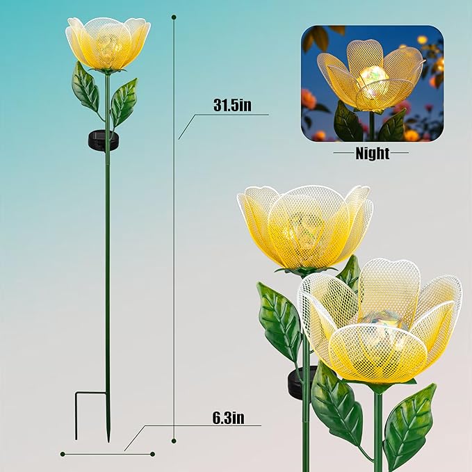 Solar Lights Outdoor Garden, 2 Pack Solar Powered Metal Flowers LED Breathing Light Waterproof,Solar Flowers for Outside Patio Lamp,Garden Gifts for Women,Landscape Lighting,Yard Pathway Decor