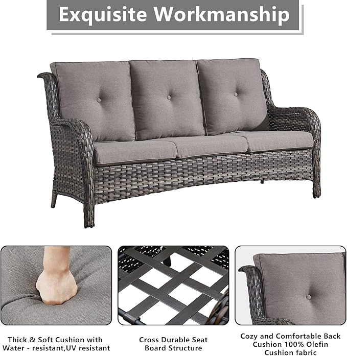 Outdoor Wicker Patio Furniture Set - 6 Piece Rattan Patio Conversation Set with 2 Rocking Swivel Chairs,2 Ottomans,1 Sofa and 1 Coffee Table for Porch Deck Backyard Garden(Mixed Grey/Grey)