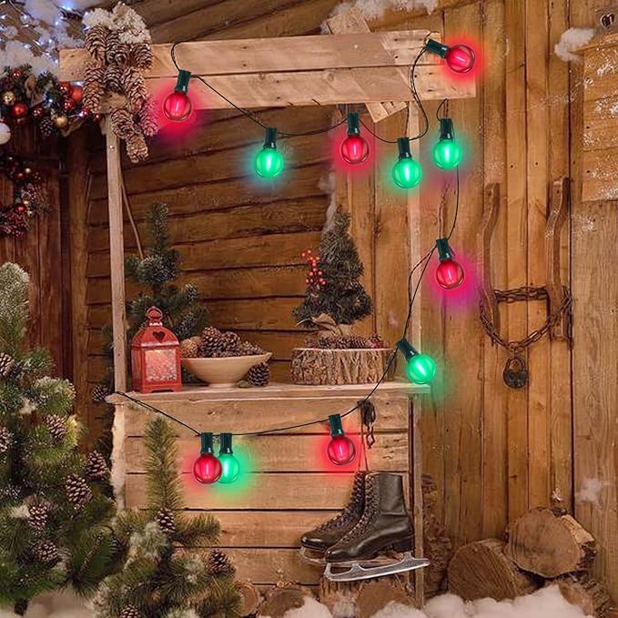 G40 LED Outdoor Christmas String Lights 50FT Hanging Globe String Lights with 27 LED Shatterproof Frosted Red Green Lights(2 Spare), Waterproof Patio String Lights for Balcony Backyard Pergola Decor