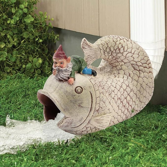 Elenon Fish with Gnome Decorative Gutter Downspout Extension Statue, Gutter Guardian Rain Downspout Extender, Garden Splash Block Outdoor Sculpture for 3" × 4" Down Spouts Decor