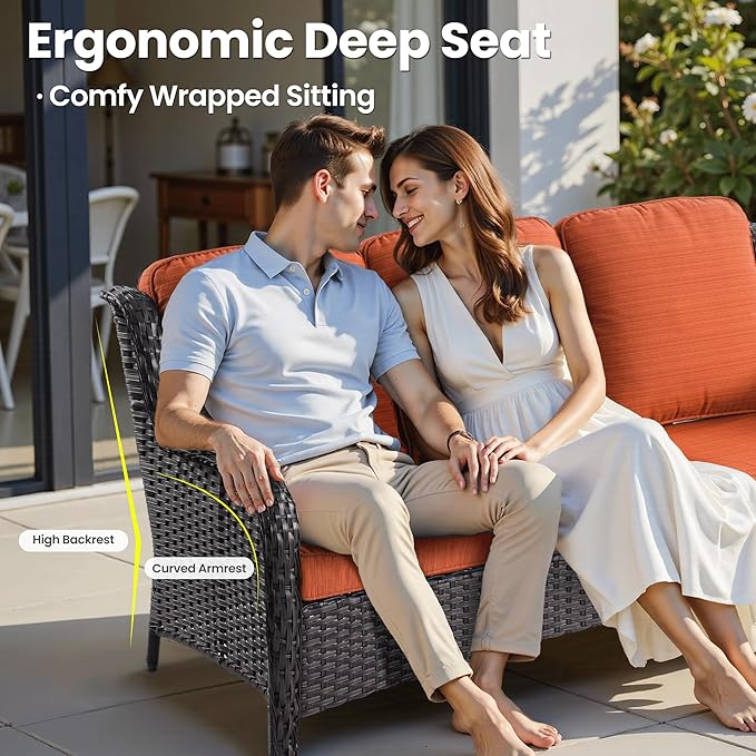 ovios 6 Pieces Patio Furniture Set, Outdoor Wicker Sofas with Glass Coffee Table and Comfy Cushions, All Weather High Back Couch Set for Deck Porch, Brown Rattan, Orange Red